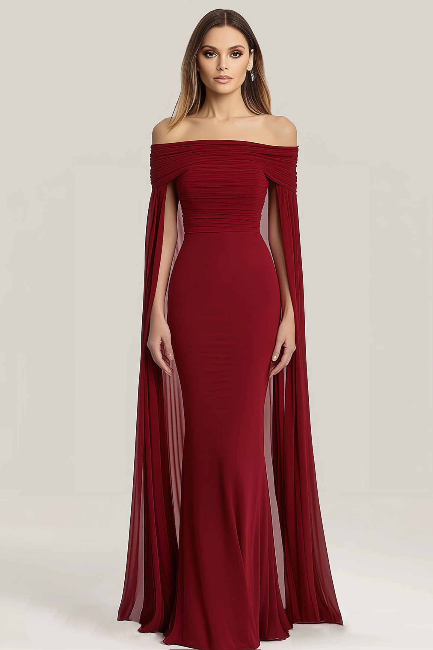 Evening Formal Dress Red Off-Shoulder Cape Chiffon Floor-Length Gown