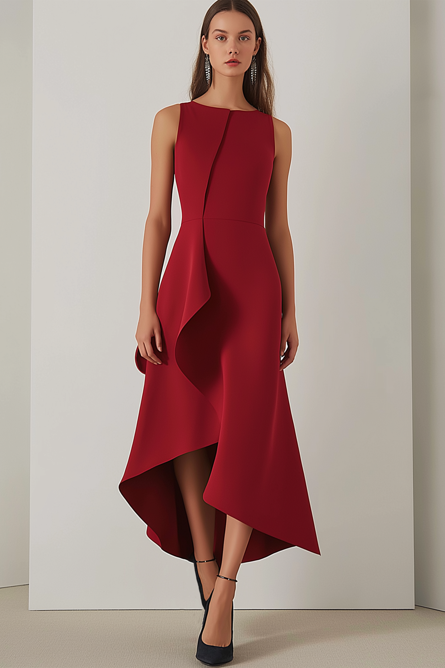 Party Semi-Formal Dress Red Round Neck Sleeveless High Low Dress