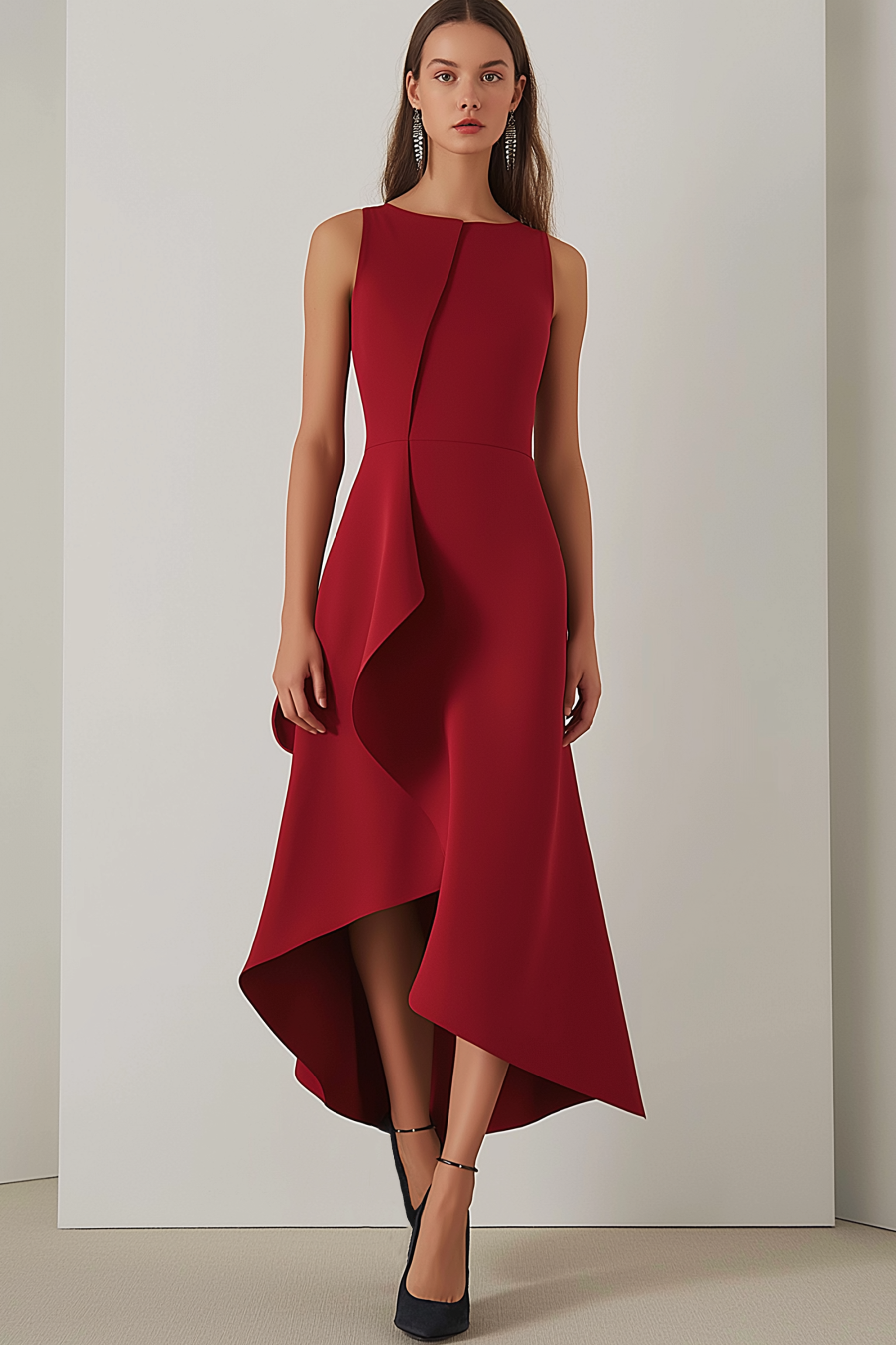 Party Semi-Formal Dress Red Round Neck Sleeveless High Low Dress