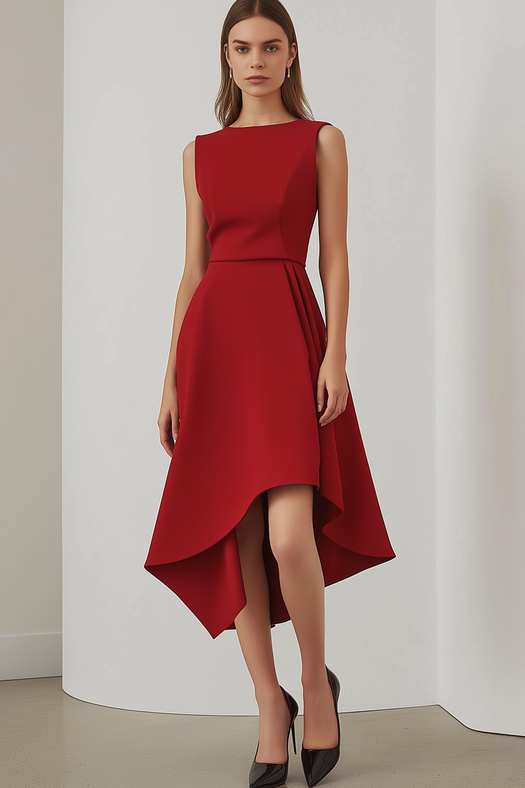 Party Semi-Formal Dress Red Round Neck Sleeveless Ruched High Low Dress