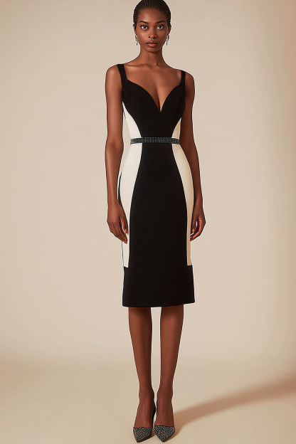Cocktail Party Dress Black White Slip Sleeveless V-Neck Knee-Length Dress