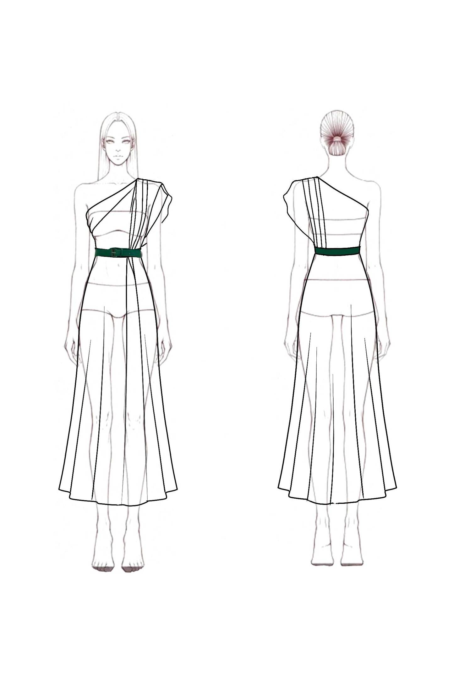 Chic Party Dress Green One Shoulder Ruched with Belt Midi Dress