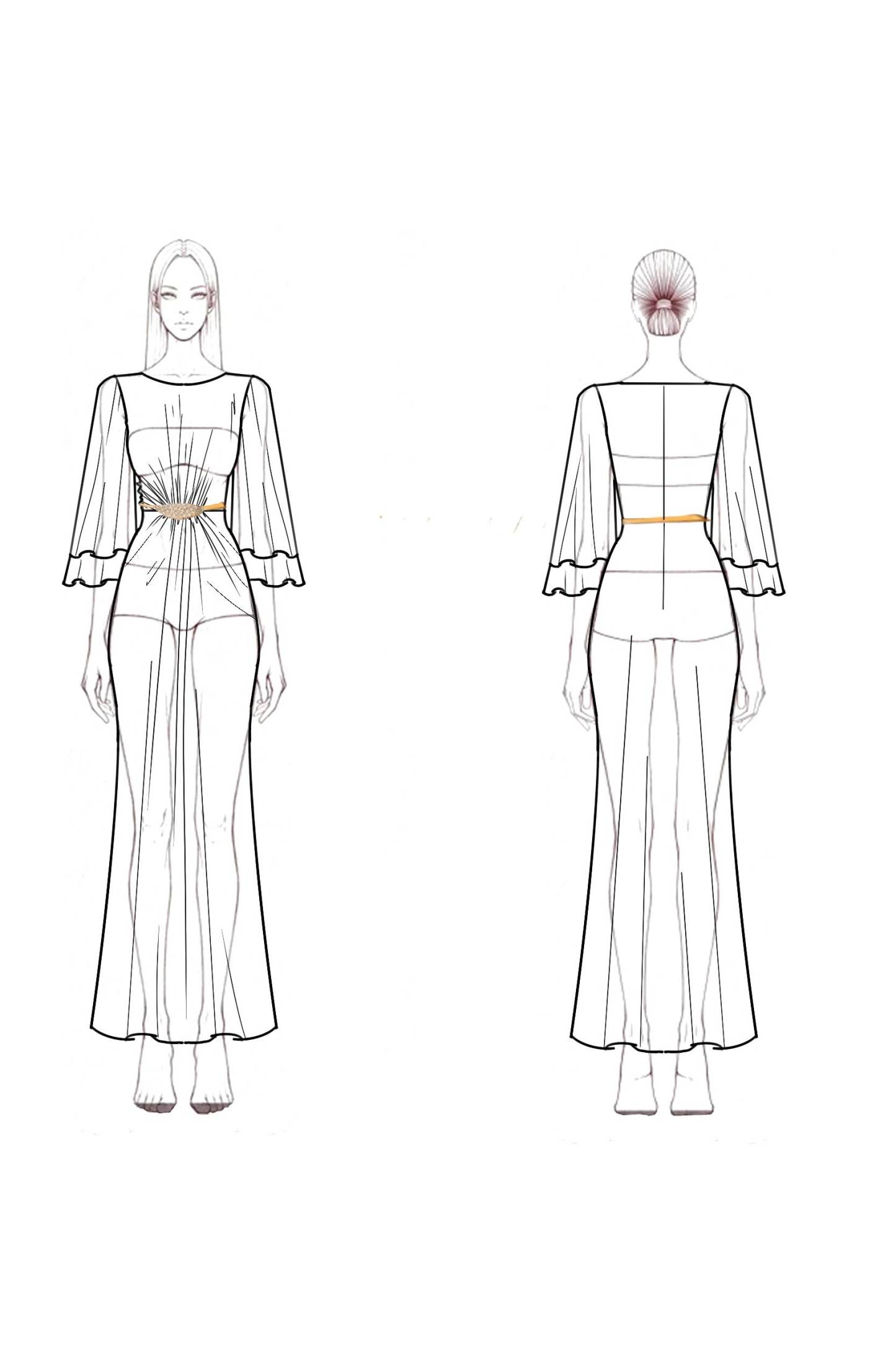 Formal Party Dress Gold Round Neck Ruffle Sleeve Belted Maxi Dress