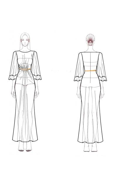 Formal Party Dress Gold Round Neck Ruffle Sleeve Belted Maxi Dress