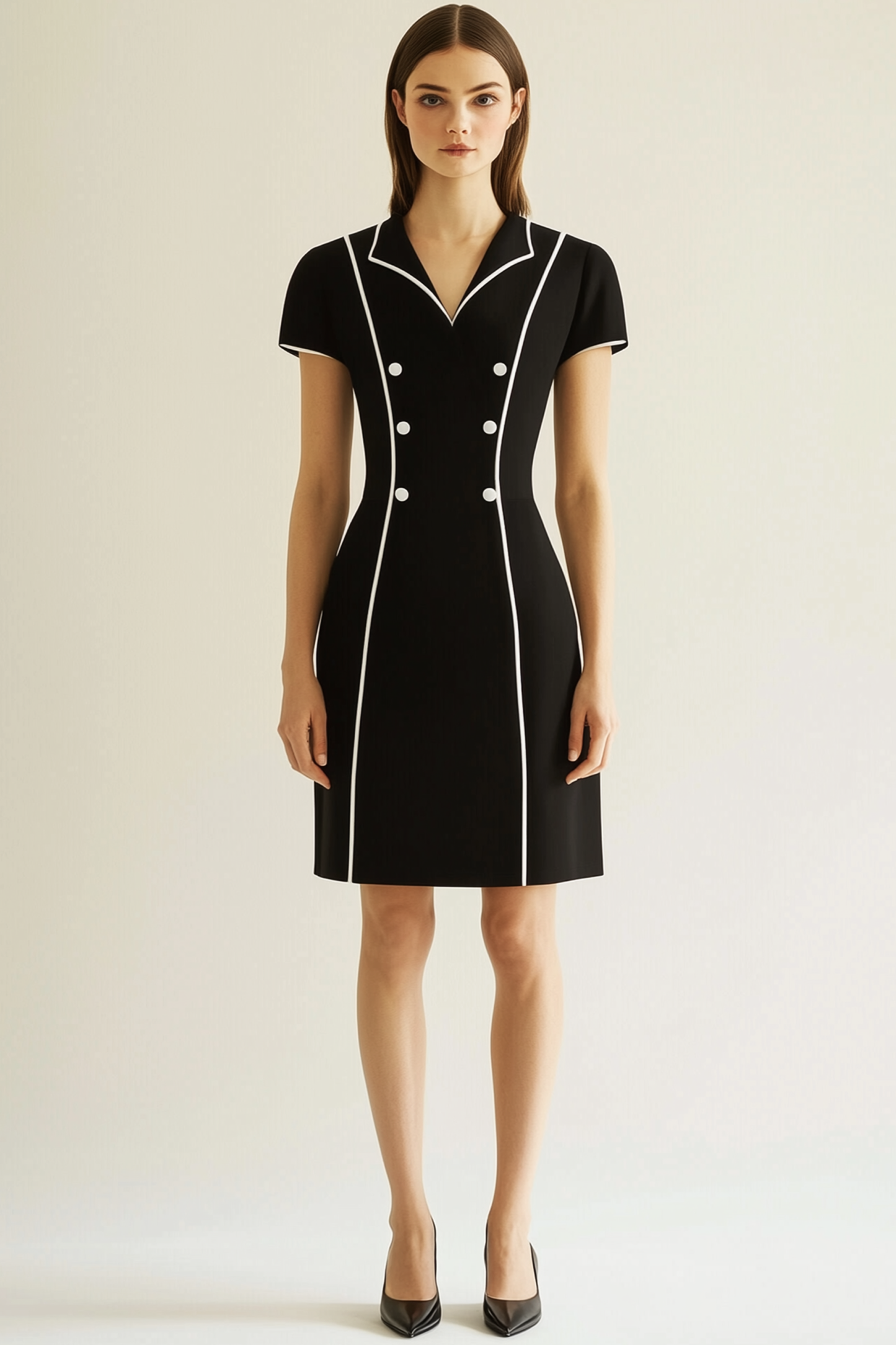 Work Semi-Formal Dress Black V-Neck Short Sleeve Striped Mini Dress