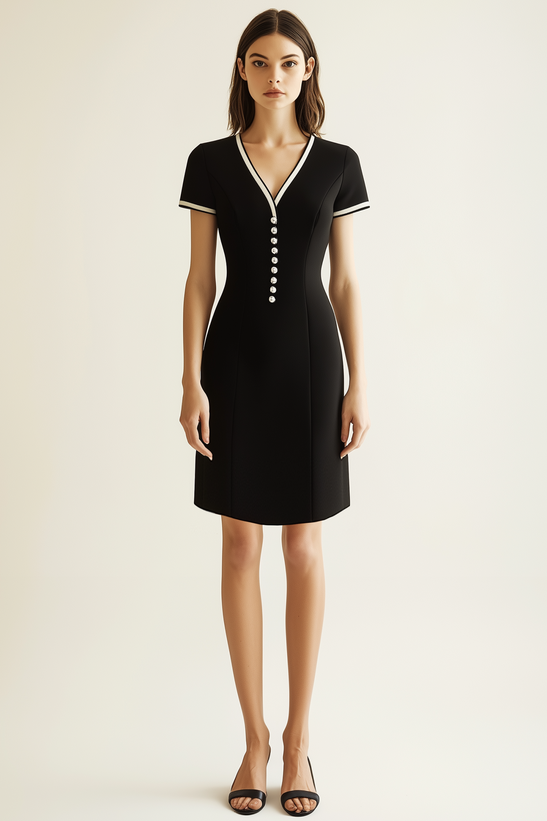 Work Semi-Formal Dress Black V-Neck Short Sleeve Button Mini Dress