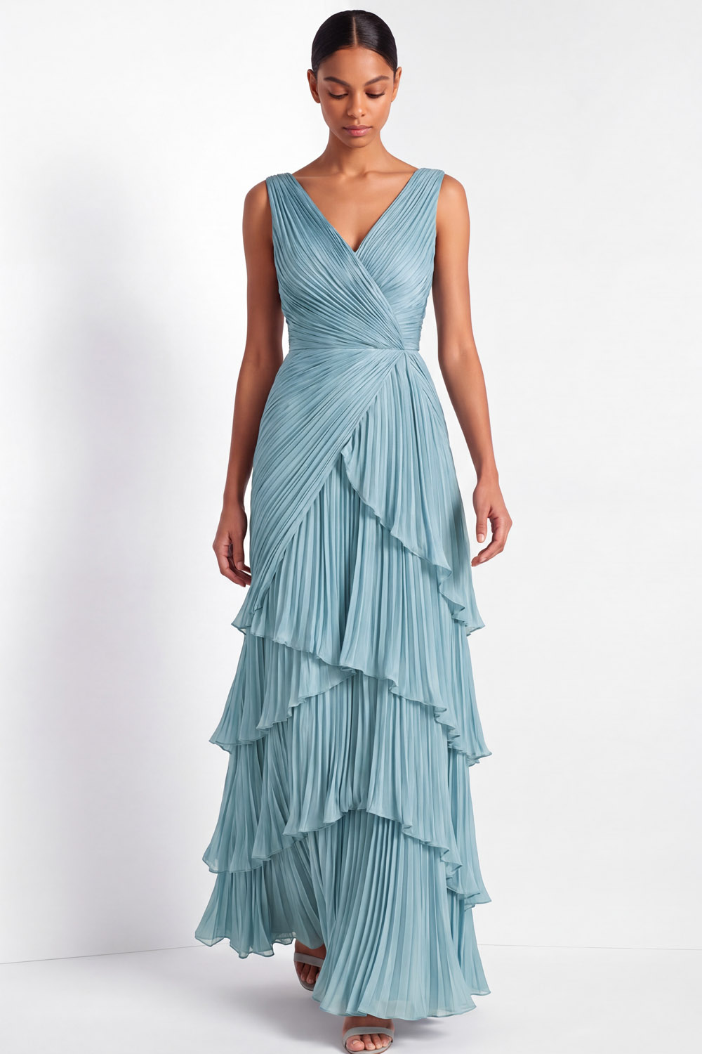 Formal Tiered Layer Dress Blue Sleeveless Pleated V-Neck Maxi Gown
