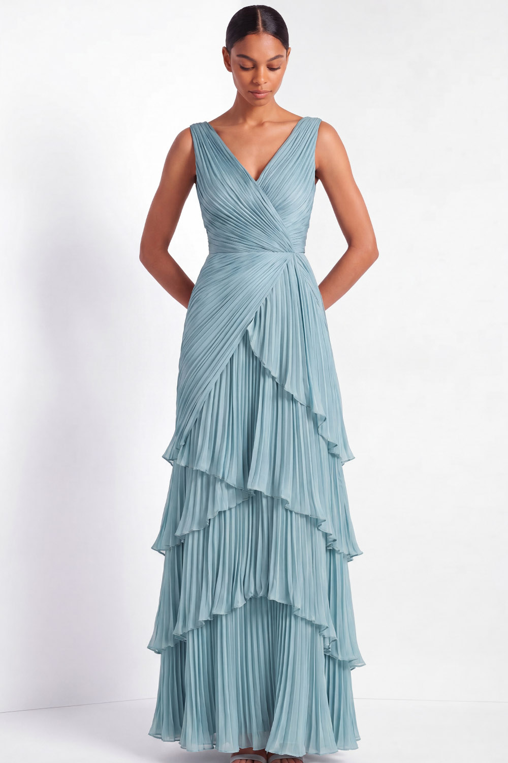 Formal Tiered Layer Dress Blue Sleeveless Pleated V-Neck Maxi Gown