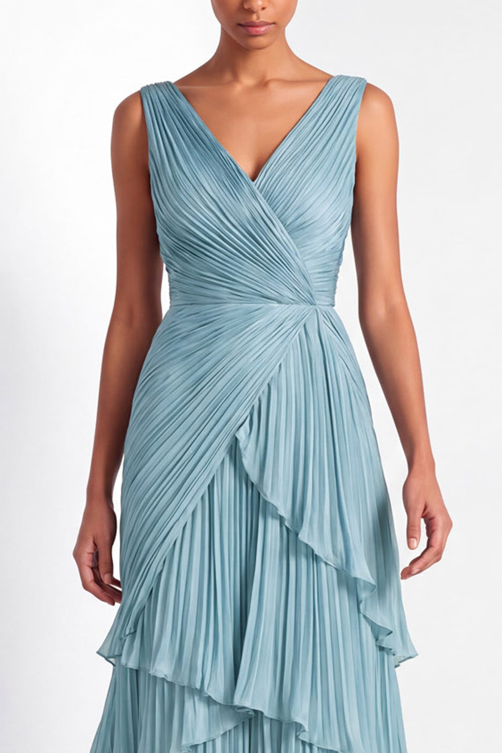 Formal Tiered Layer Dress Blue Sleeveless Pleated V-Neck Maxi Gown