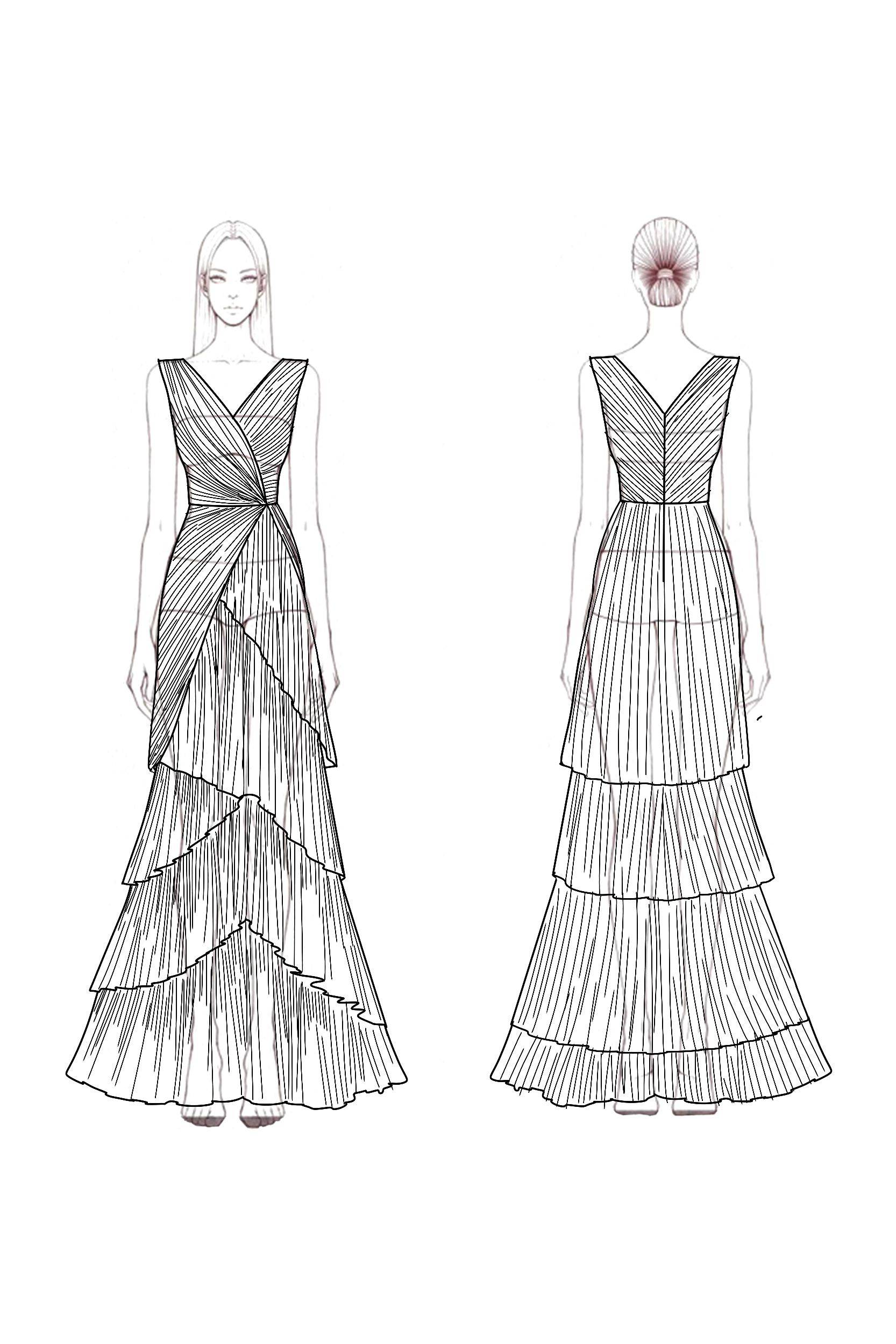 Formal Tiered Layer Dress Blue Sleeveless Pleated V-Neck Floor-Length Gown