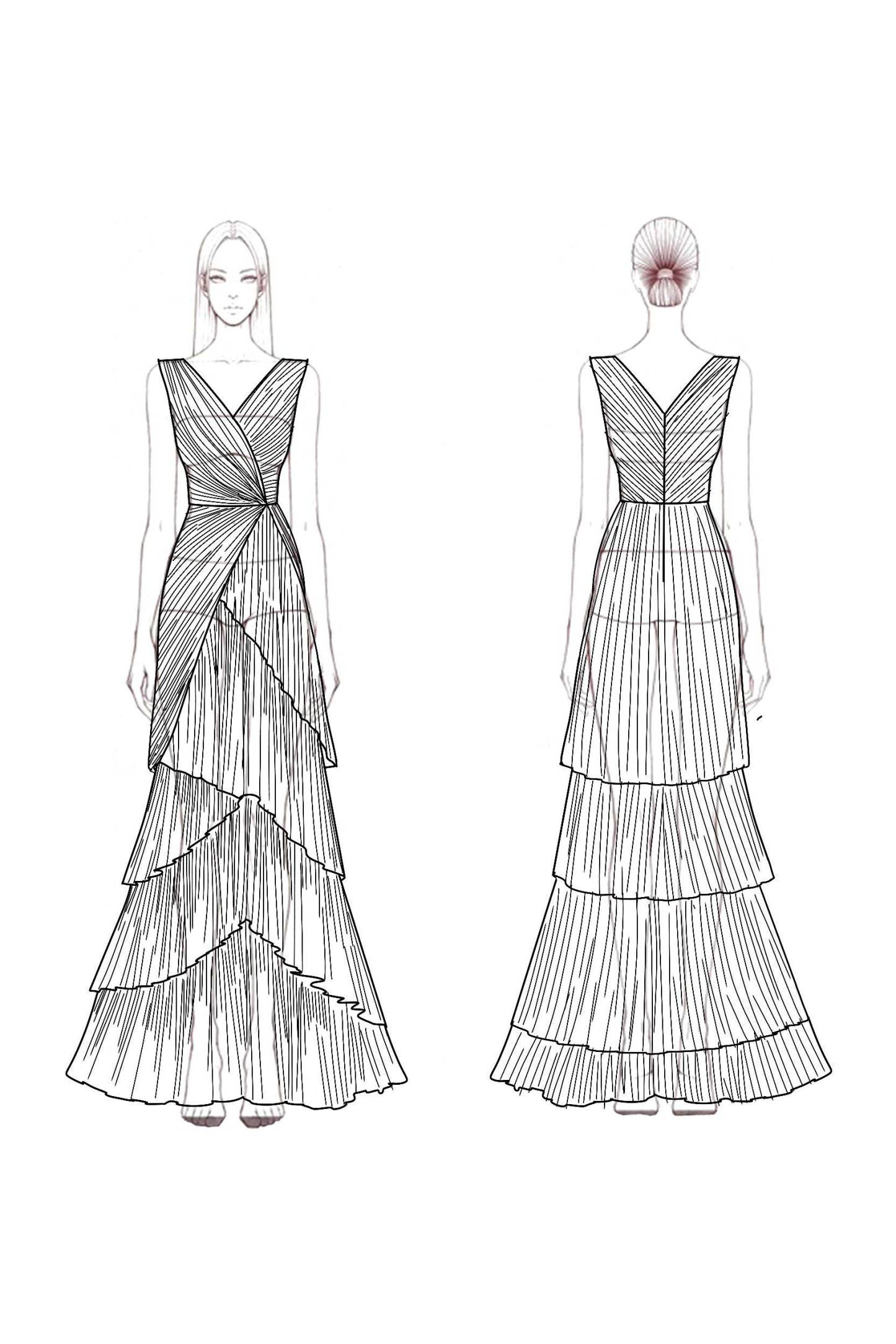 Formal Tiered Layer Dress Blue Sleeveless Pleated V-Neck Floor-Length Gown