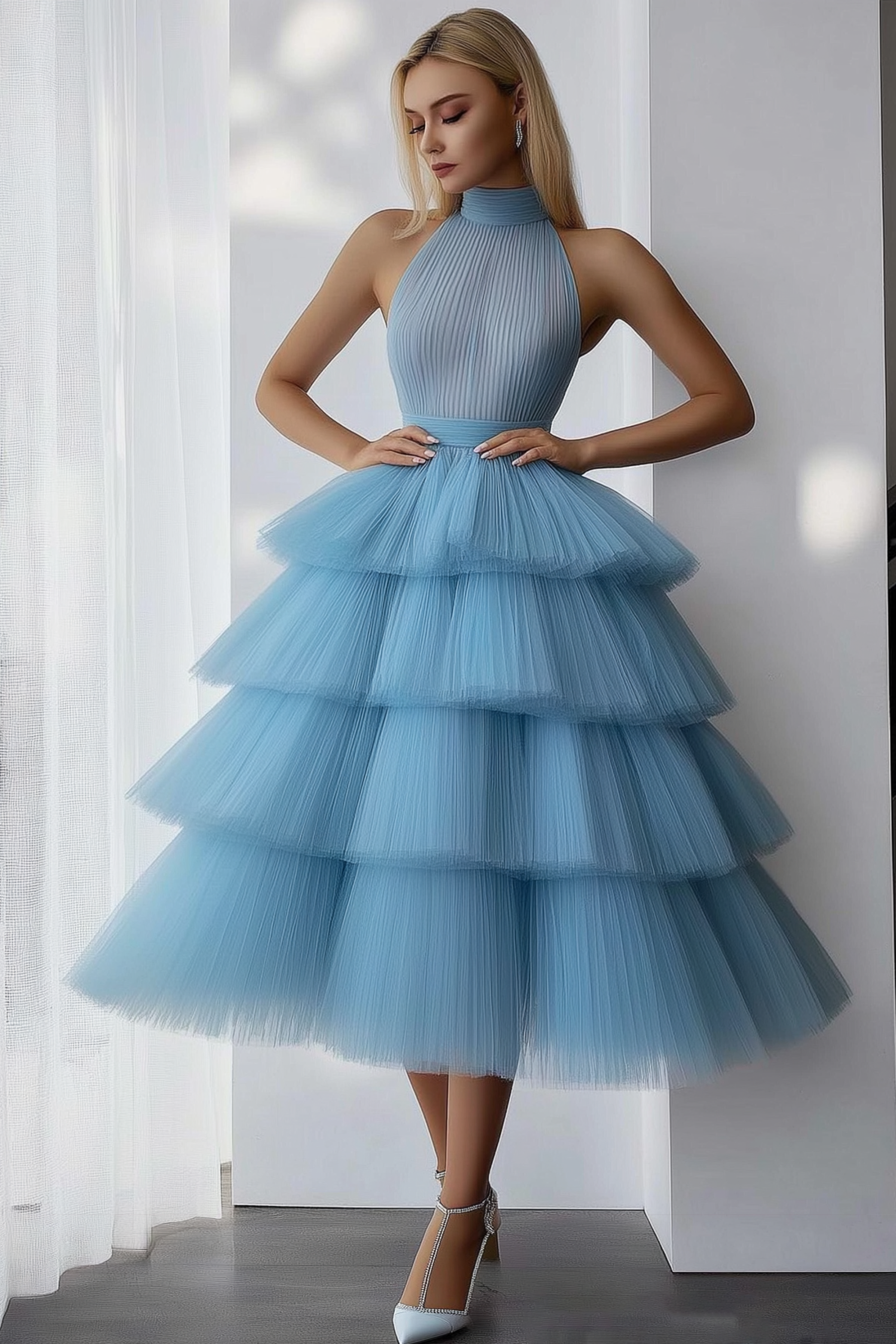 Prom Tiered Layer Dress Blue Halter Neck Sleeveless Pleated Tulle Midi Dress