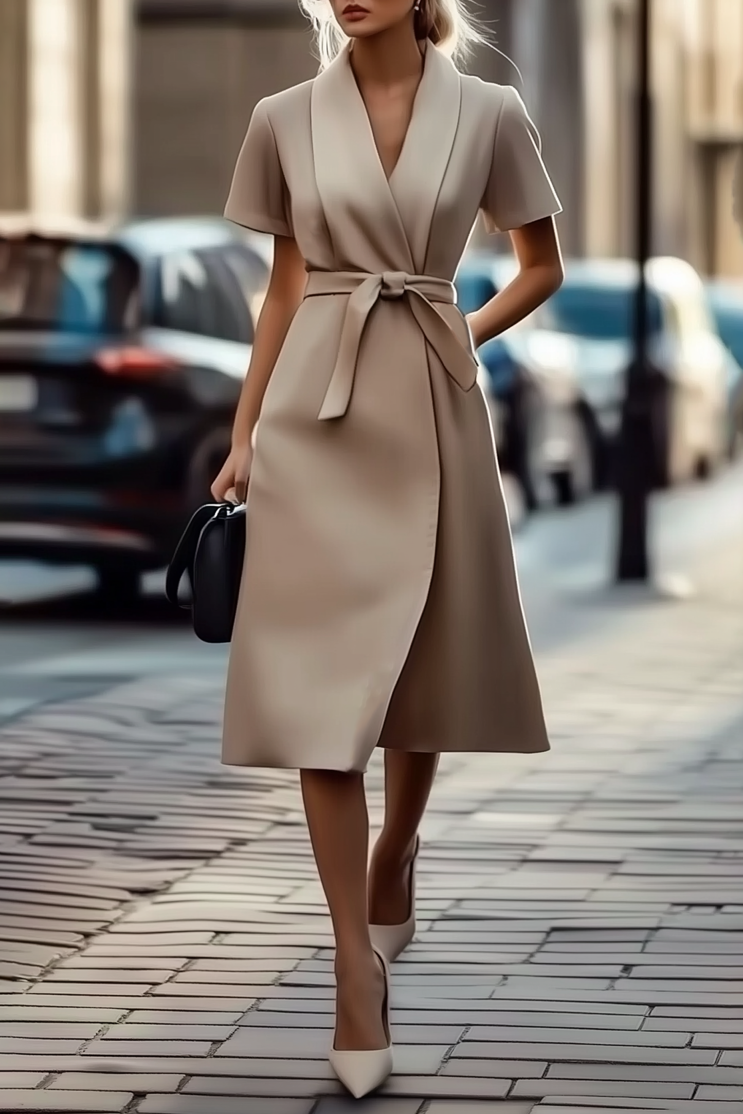 Work Blazer Dress Light Brown Cross Neck Belted Pocket Midi Dress