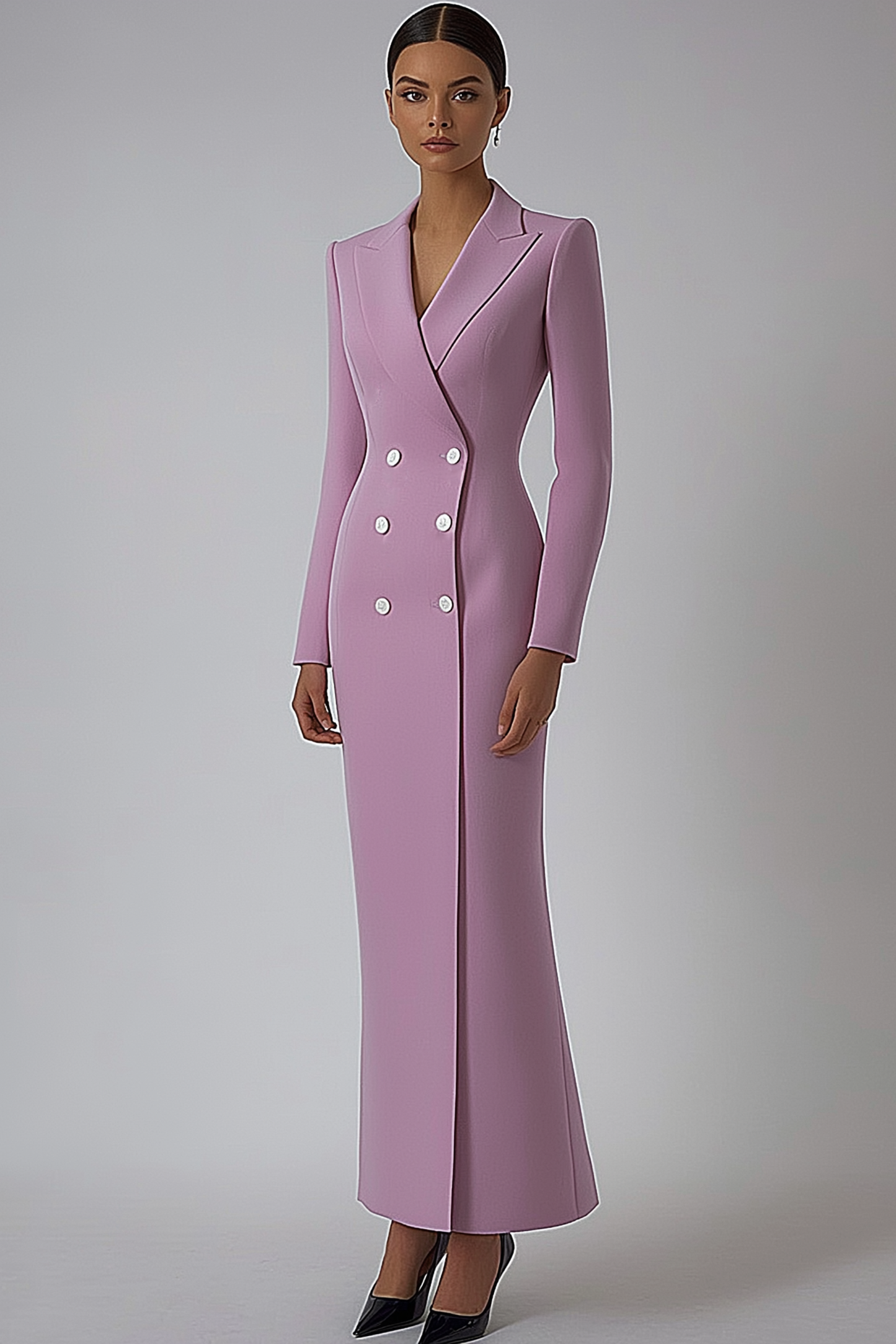 Work Blazer Dress Light Purple Lapel Long Sleeve Button Maxi Dress