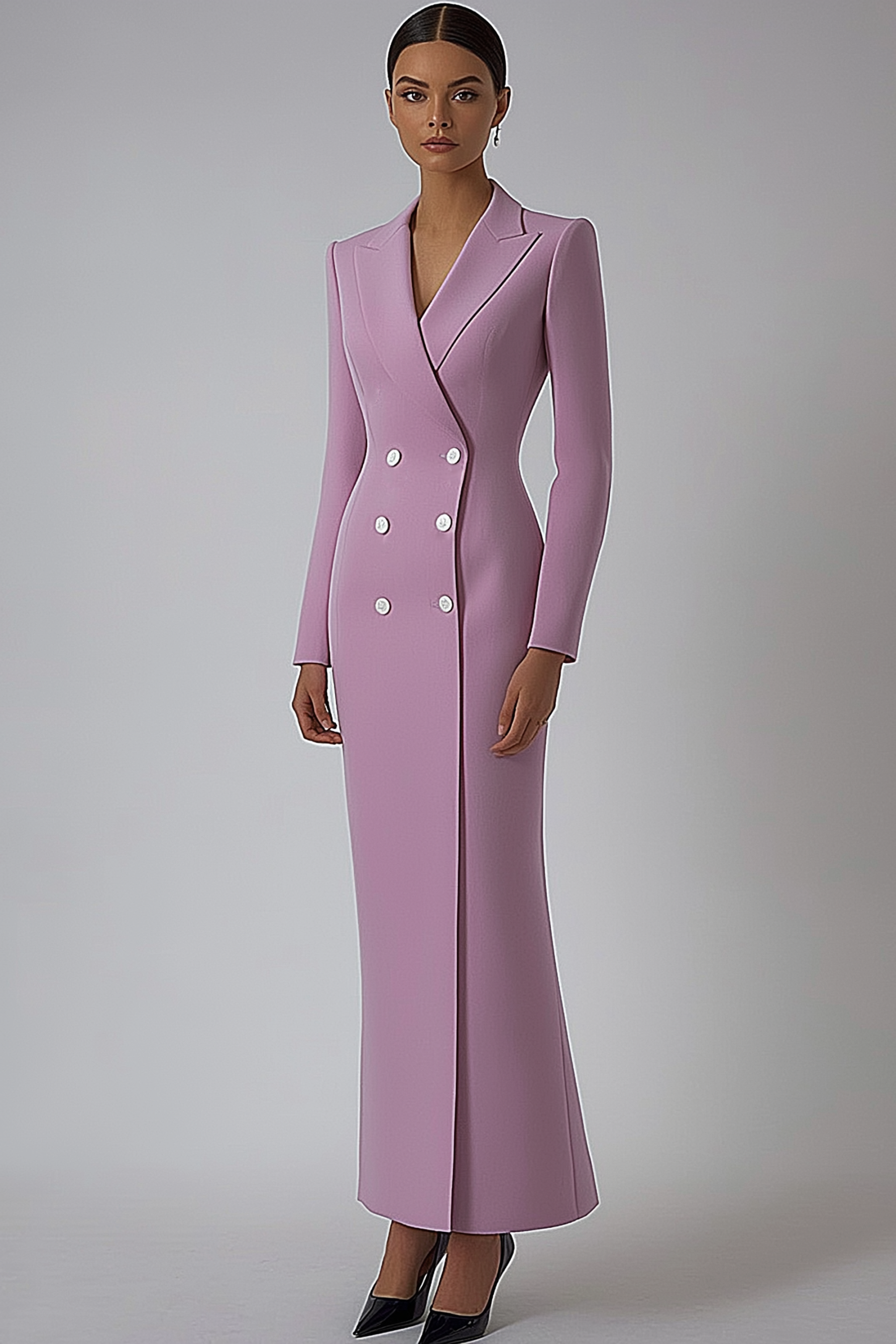 Work Blazer Dress Light Purple Lapel Long Sleeve Button Maxi Dress