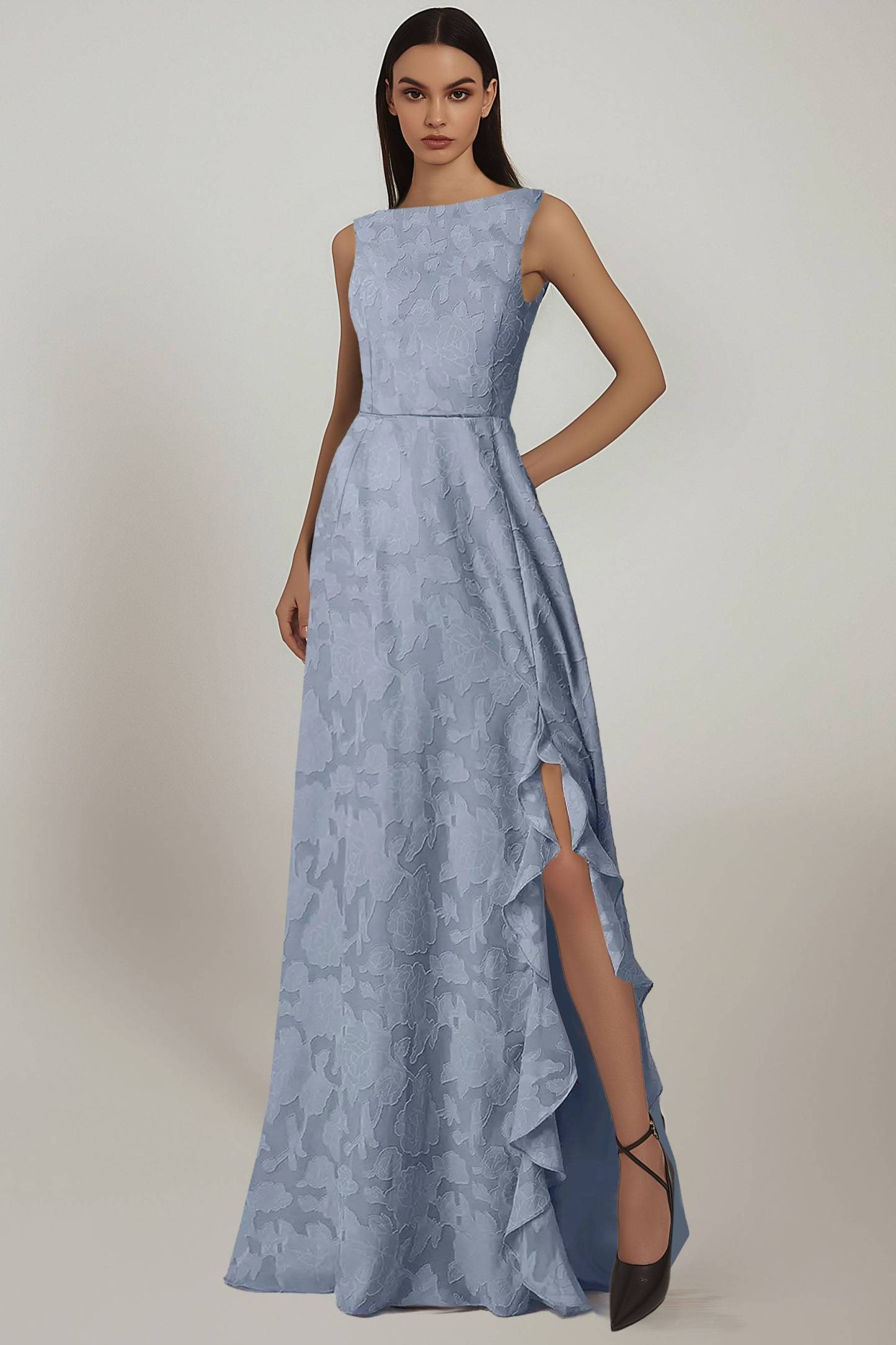 Formal Evening Dress Blue Sleeveless Side Slit Ruffle Floor-Length Gown