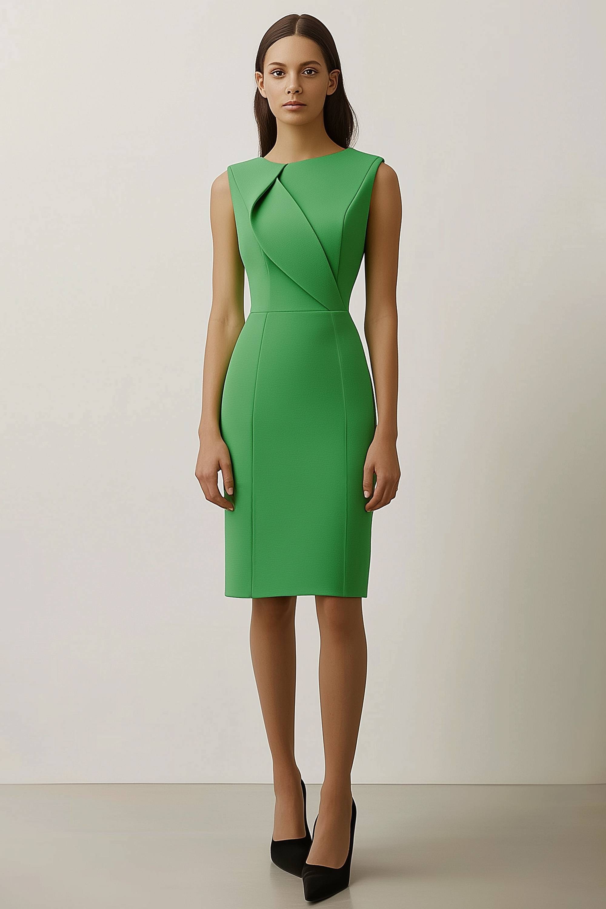 Work Semi Formal Dress Green Round Neck Sleeveless Knee Length Dress