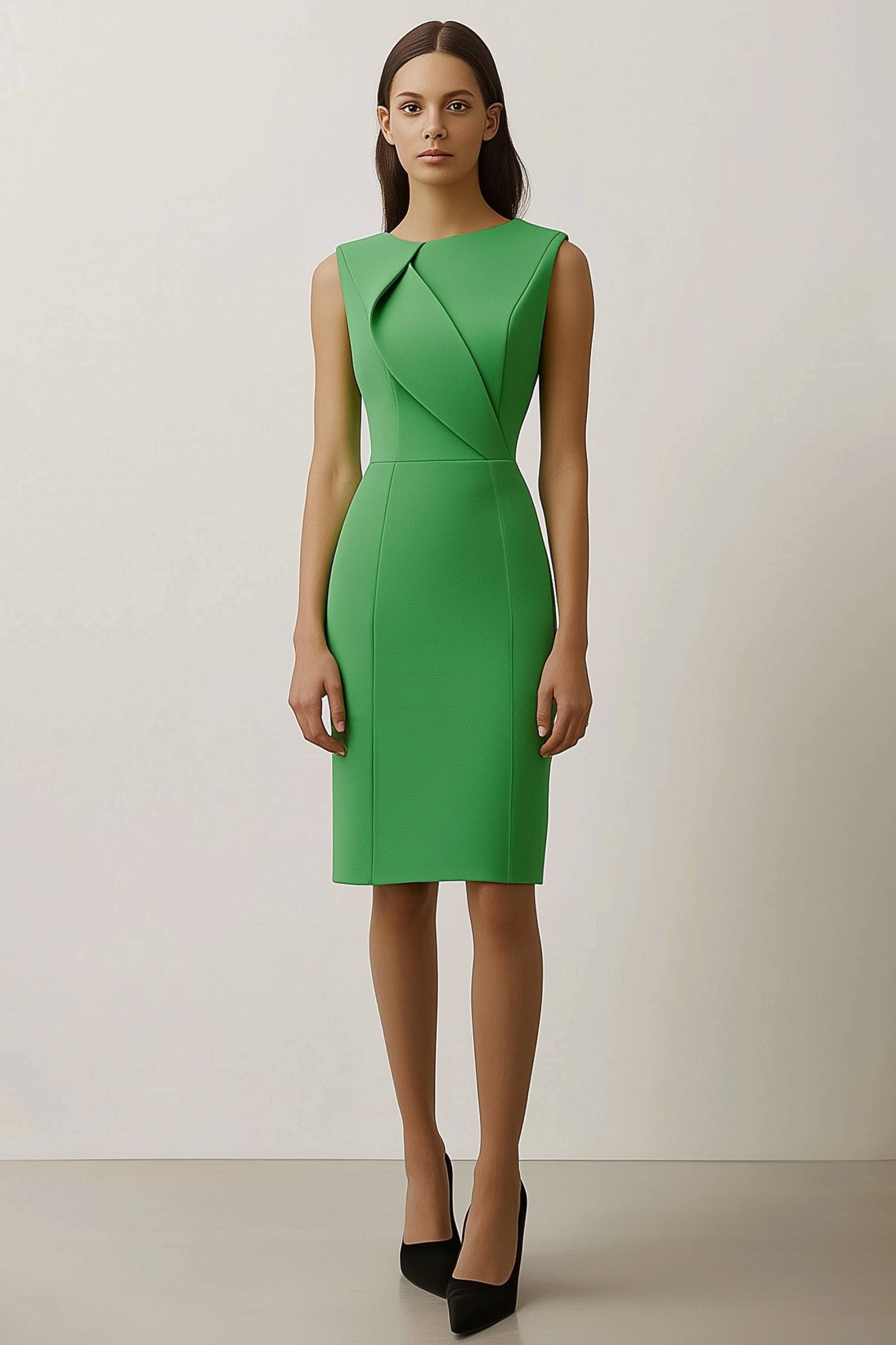 Work Semi Formal Dress Green Round Neck Sleeveless Knee Length Dress