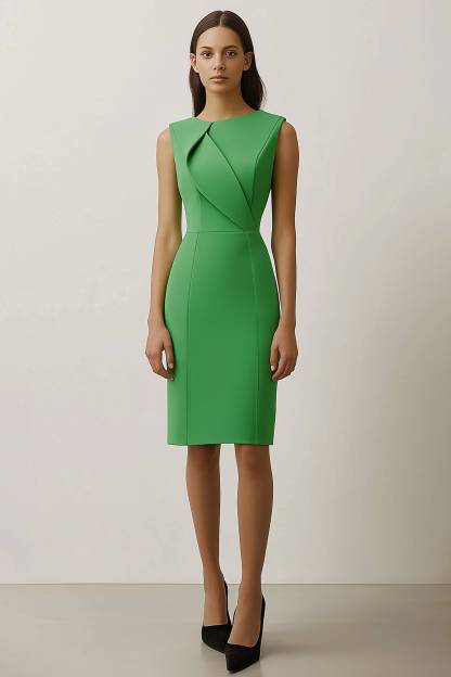 Work Semi Formal Dress Green Round Neck Sleeveless Knee Length Dress