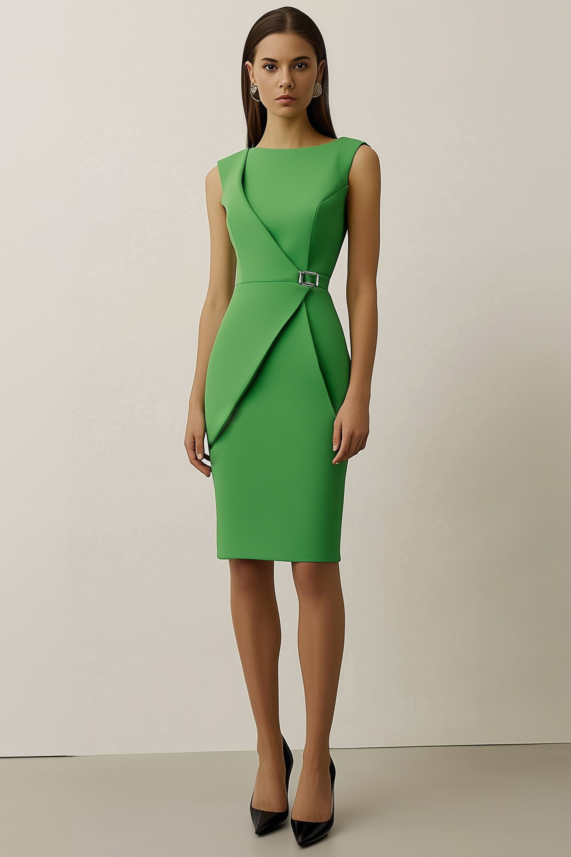 Work Semi Formal Dress Green Sleeveless Metal Button Waist Knee Length