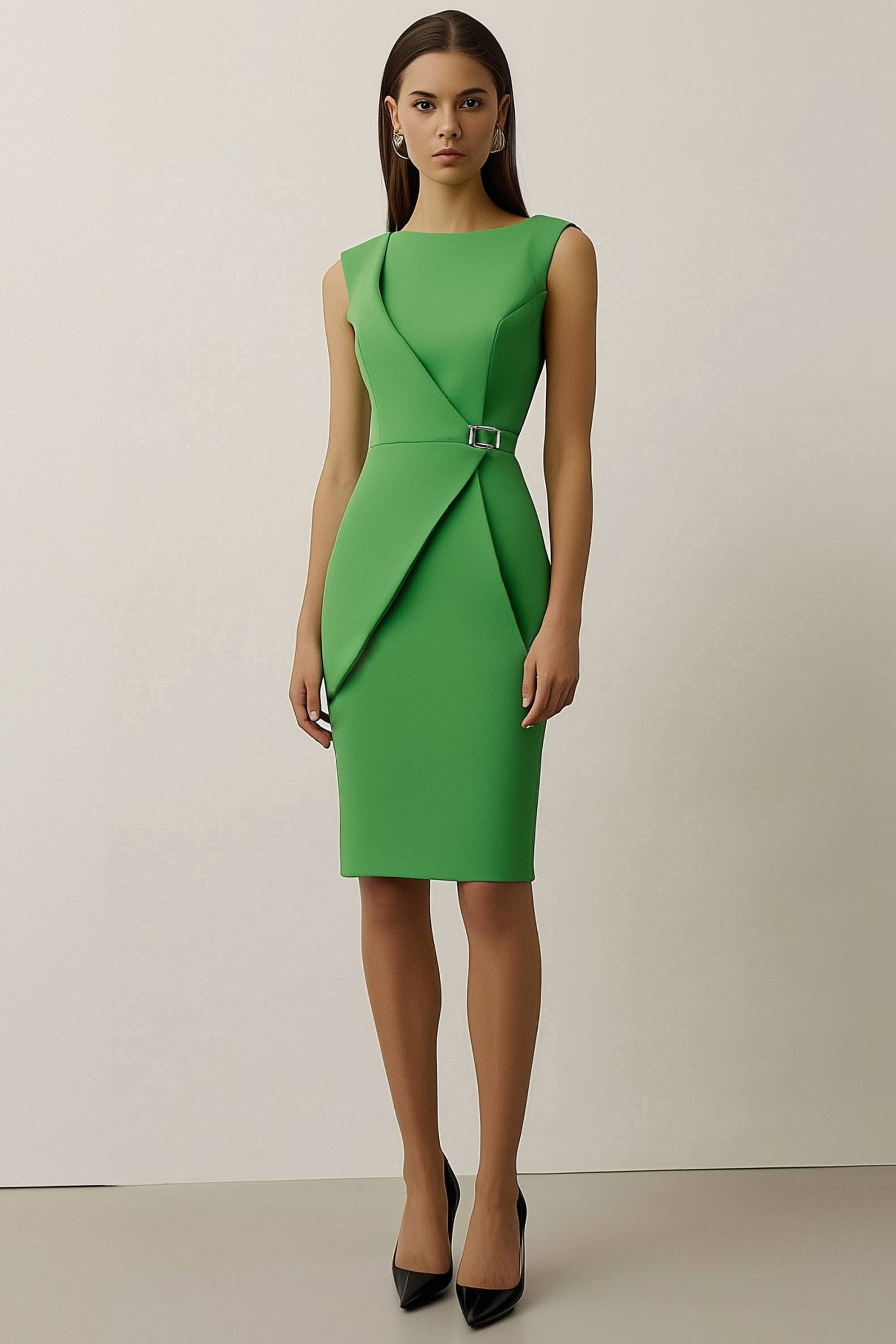 Work Semi Formal Dress Green Sleeveless Metal Button Waist Knee Length