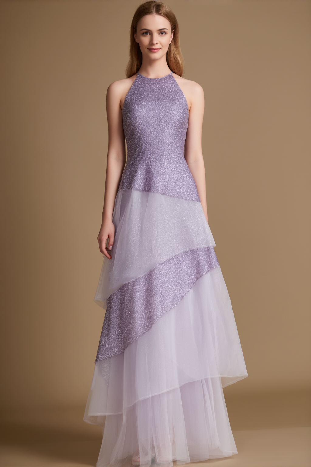 Party Tiered Dress Purple Halter Neck Mesh Dress
