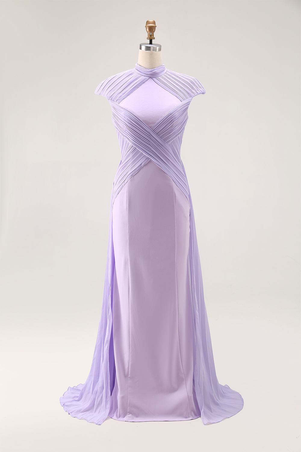 Formal Evening Dress Purple Stand Collar Pleated Train Maxi Gown
