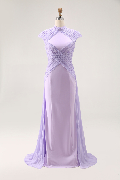 Formal Evening Dress Purple Stand Collar Pleated Train Maxi Gown