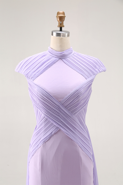 Formal Evening Dress Purple Stand Collar Pleated Train Maxi Gown