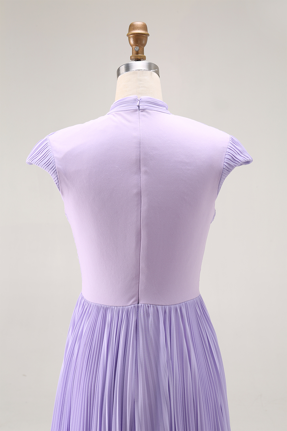 Formal Evening Dress Purple Stand Collar Pleated Train Maxi Gown