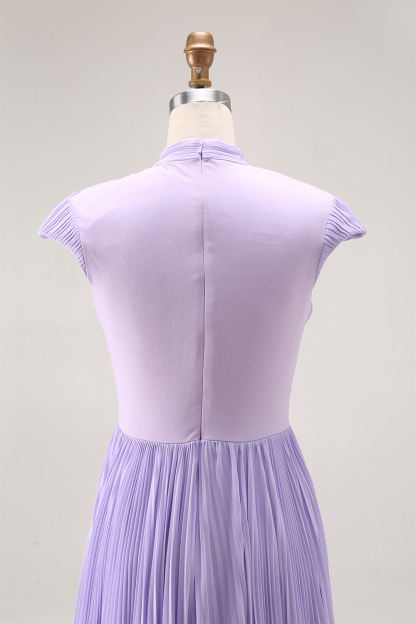 Formal Evening Dress Purple Stand Collar Pleated Train Maxi Gown