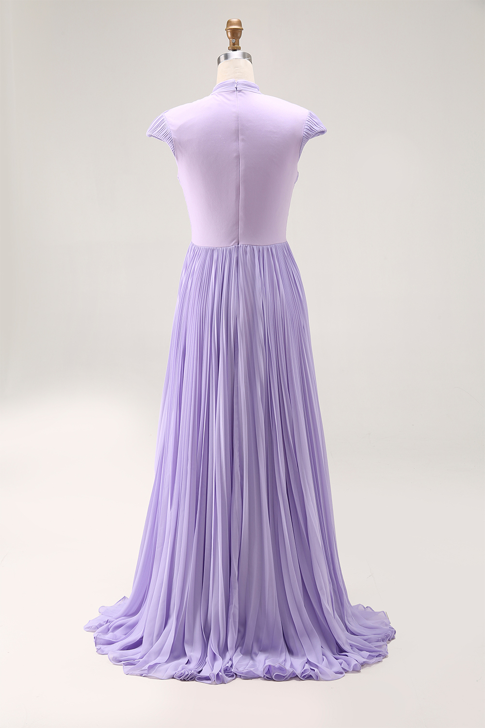 Formal Evening Dress Purple Stand Collar Pleated Train Maxi Gown