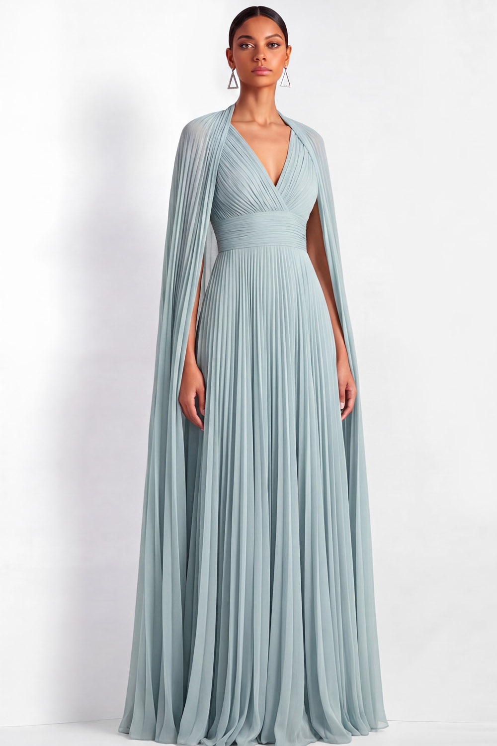 Formal Evening Dress Sage Green V-Neck Pleated Cape Maxi Gown