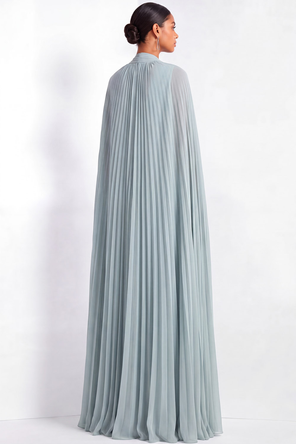 Formal Evening Dress Sage Green V-Neck Pleated Cape Maxi Gown
