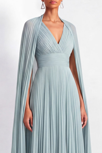 Formal Evening Dress Sage Green V-Neck Pleated Cape Maxi Gown