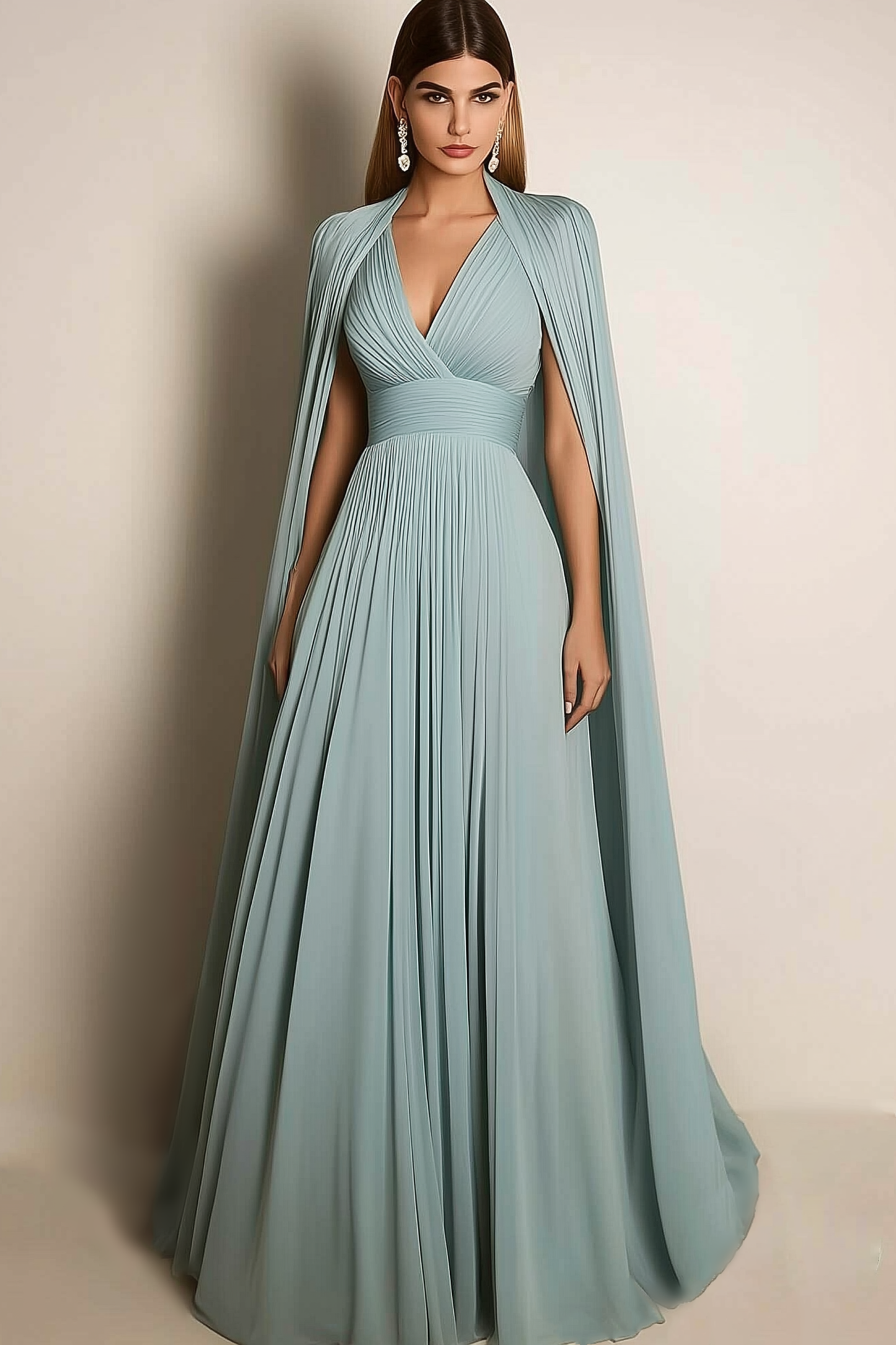 Formal Evening Dress Light Green V-Neck Pleated Cape Floor-Length Gown