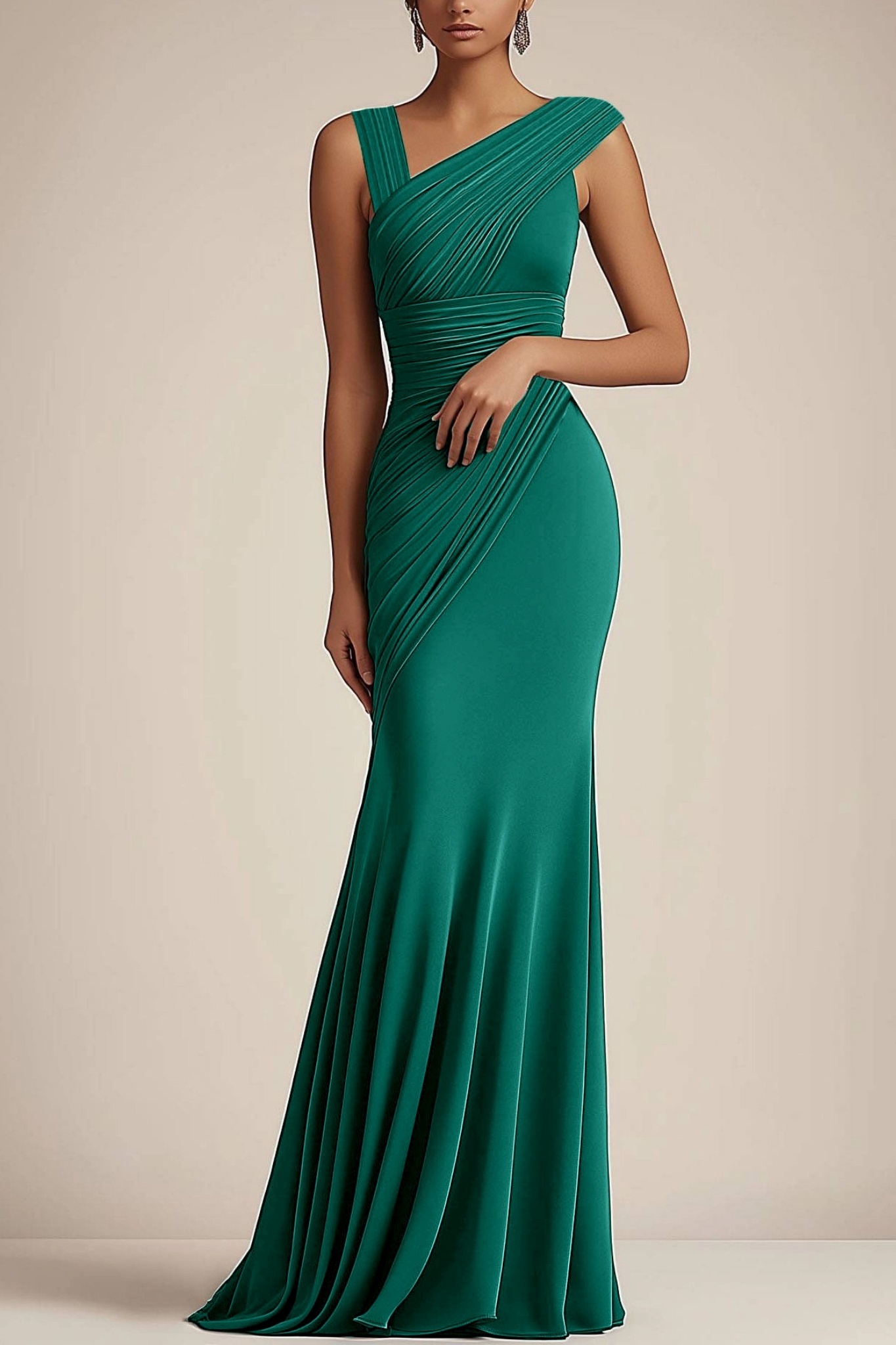 Formal Evening Dress Green V-Neck Pleated Mermaid Floor-Length Gown