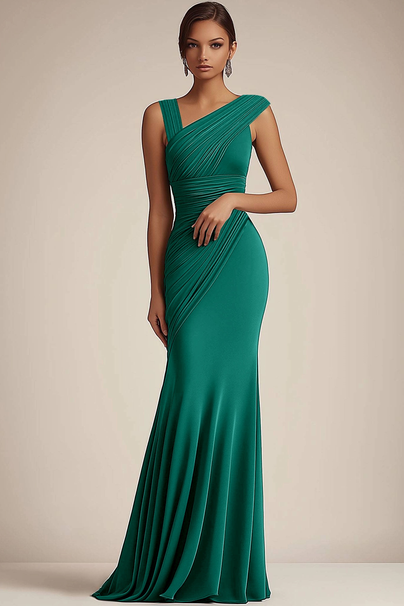 Formal Evening Dress Green V-Neck Pleated Mermaid Floor-Length Gown