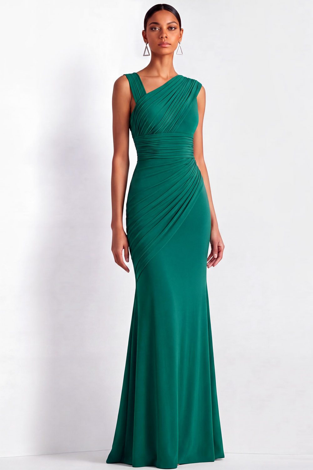 Formal Evening Dress Green V-Neck Pleated Mermaid Maxi Gown