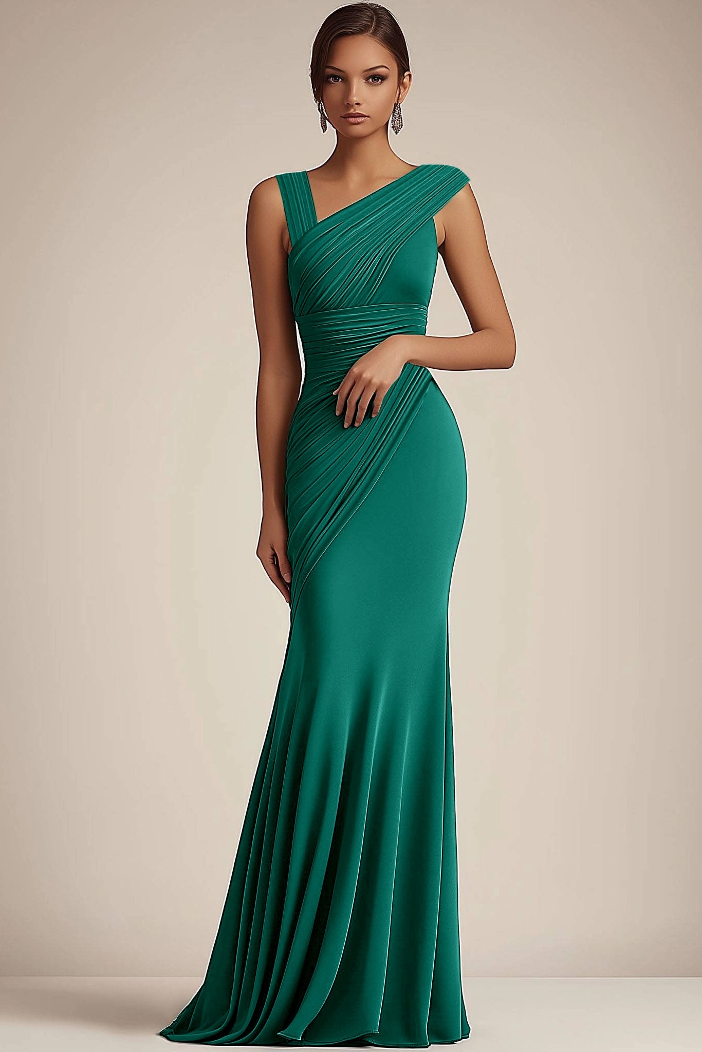 Formal Evening Dress Green V-Neck Pleated Mermaid Floor-Length Gown