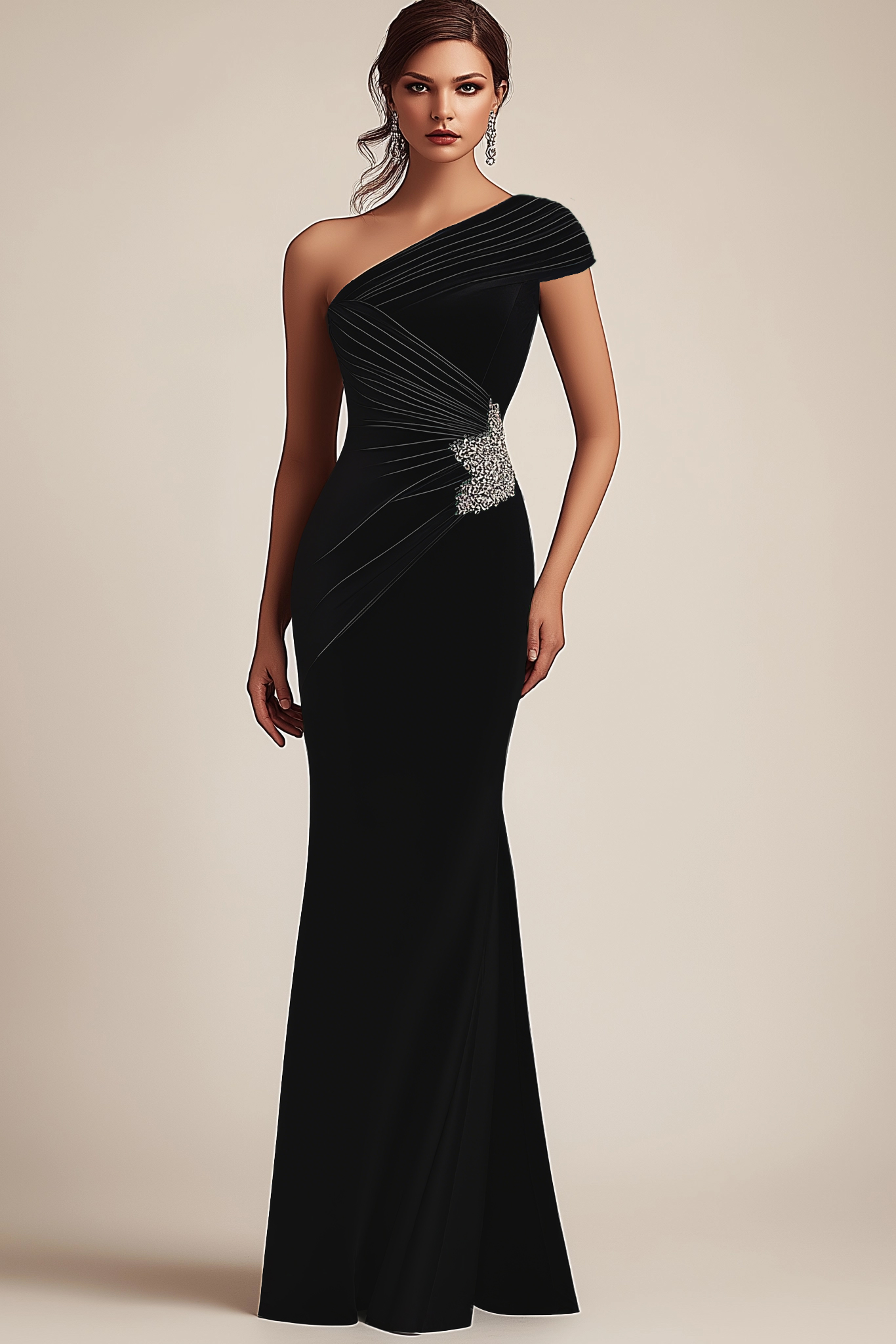 Formal Evening Dress Green One Shoulder Pleated Rhinestone Maxi Gown