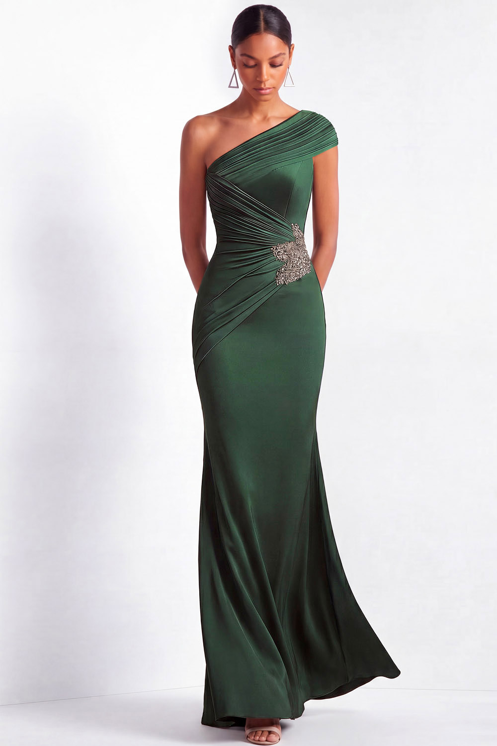 Formal Evening Dress Green One Shoulder Pleated Rhinestone Maxi Gown