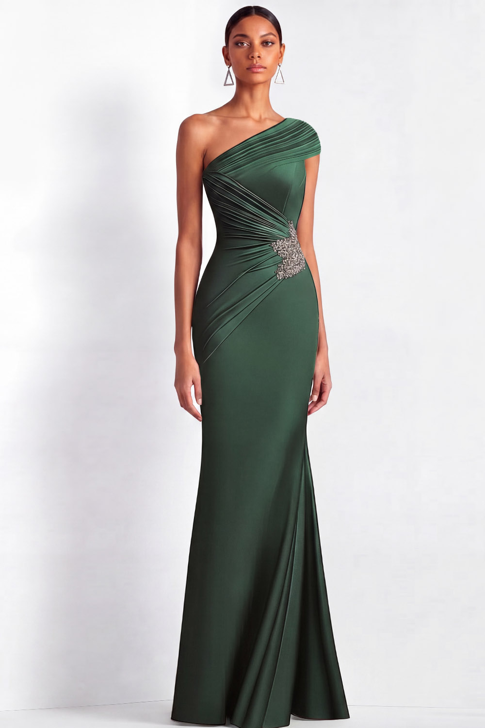 Formal Evening Dress Green One Shoulder Pleated Rhinestone Maxi Gown