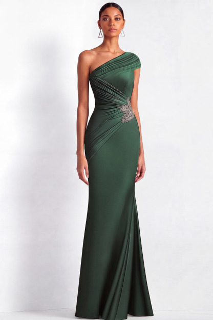 Formal Evening Dress Green One Shoulder Pleated Rhinestone Maxi Gown