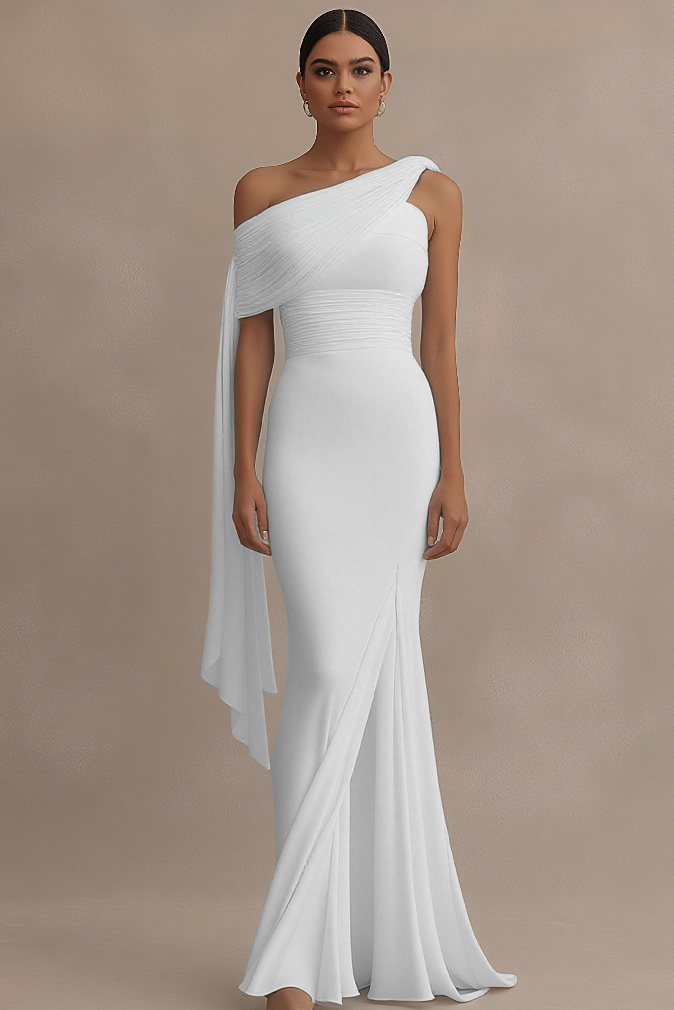 Formal Evening Dress Light Blue One Shoulder Draped Slit Floor Dress