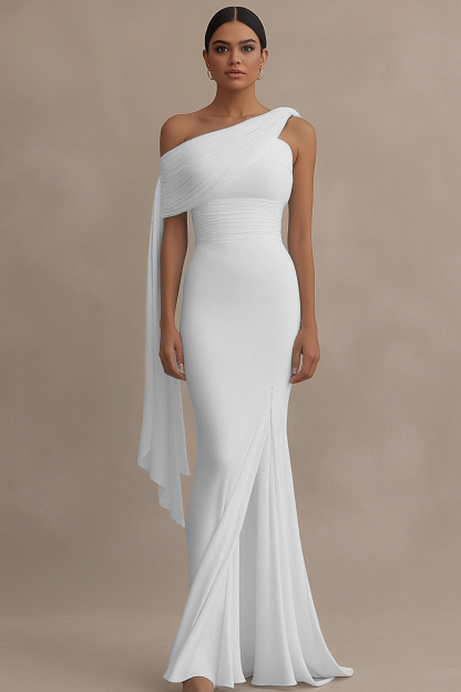 Formal Evening Dress Light Blue One Shoulder Draped Slit Floor Dress