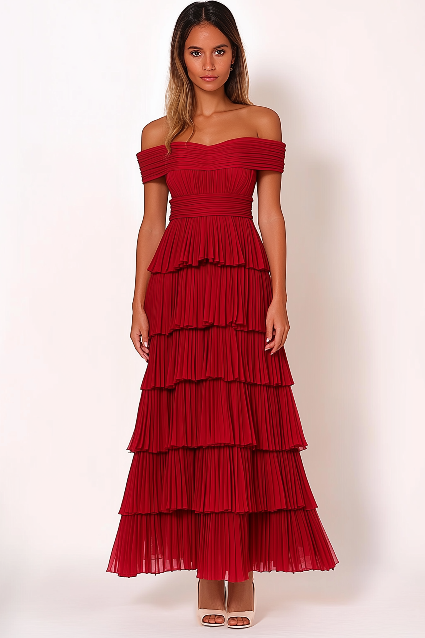 Party Tiered Dress Red Off Shoulder Pleated Maxi Dress