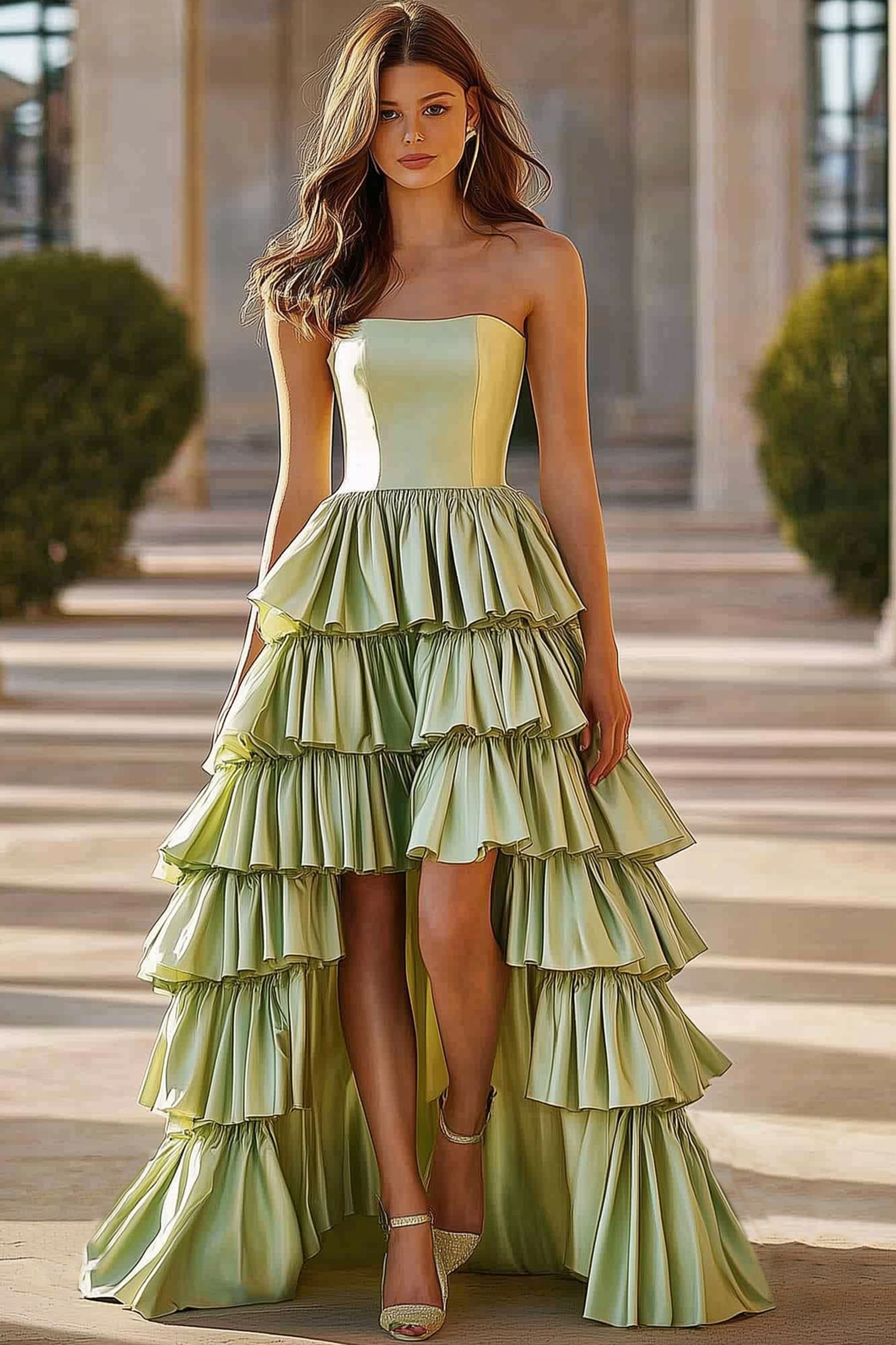 Prom Party Tiered Dress Light Green Strapless High Low Floor Dress