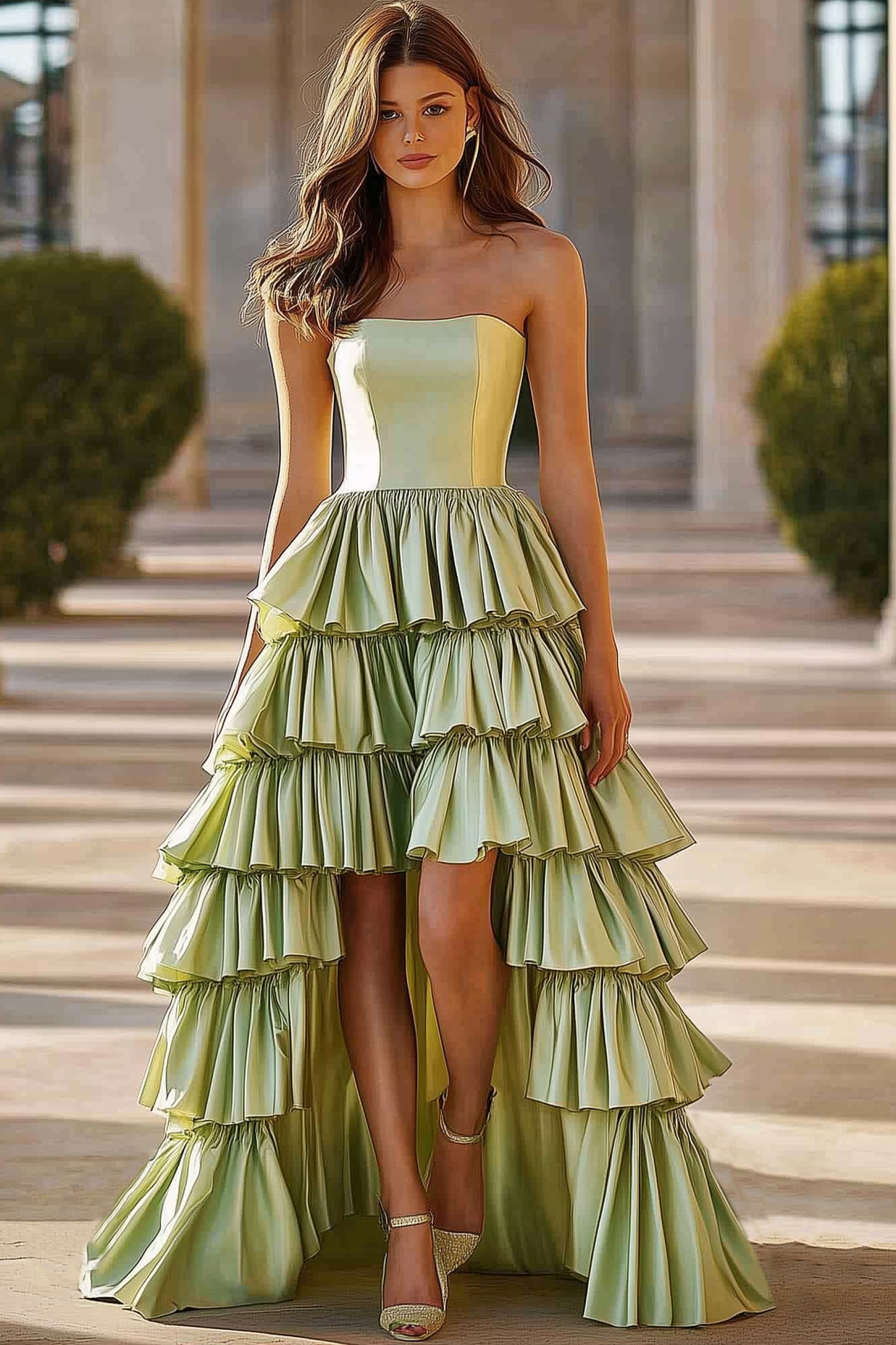 Prom Party Tiered Dress Light Green Strapless High Low Floor Dress