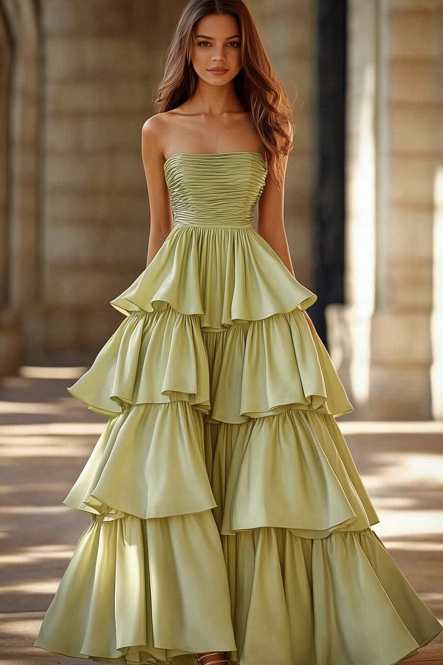 Formal Prom Tiered Dress Light Green Strapless Floor Dress